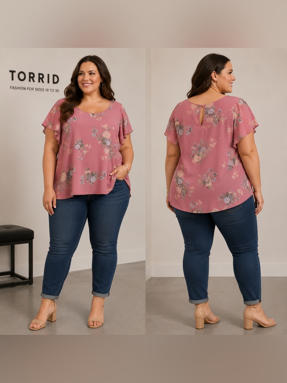 TORRID Flutter Sleeve Floral Blush Pink Top (2)